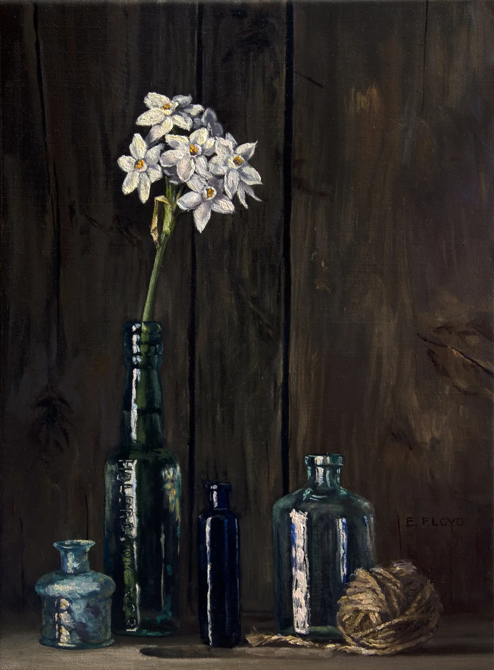 Paperwhites and Bottles, 16 x 12 inches