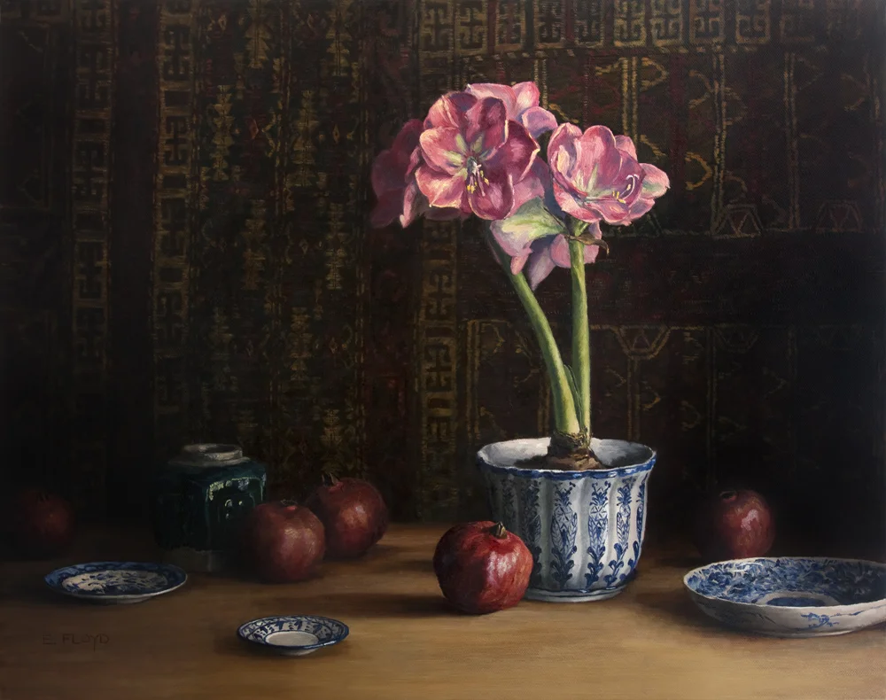 Still Life with Amaryllis and Pomegranates, 24 x 30 inches