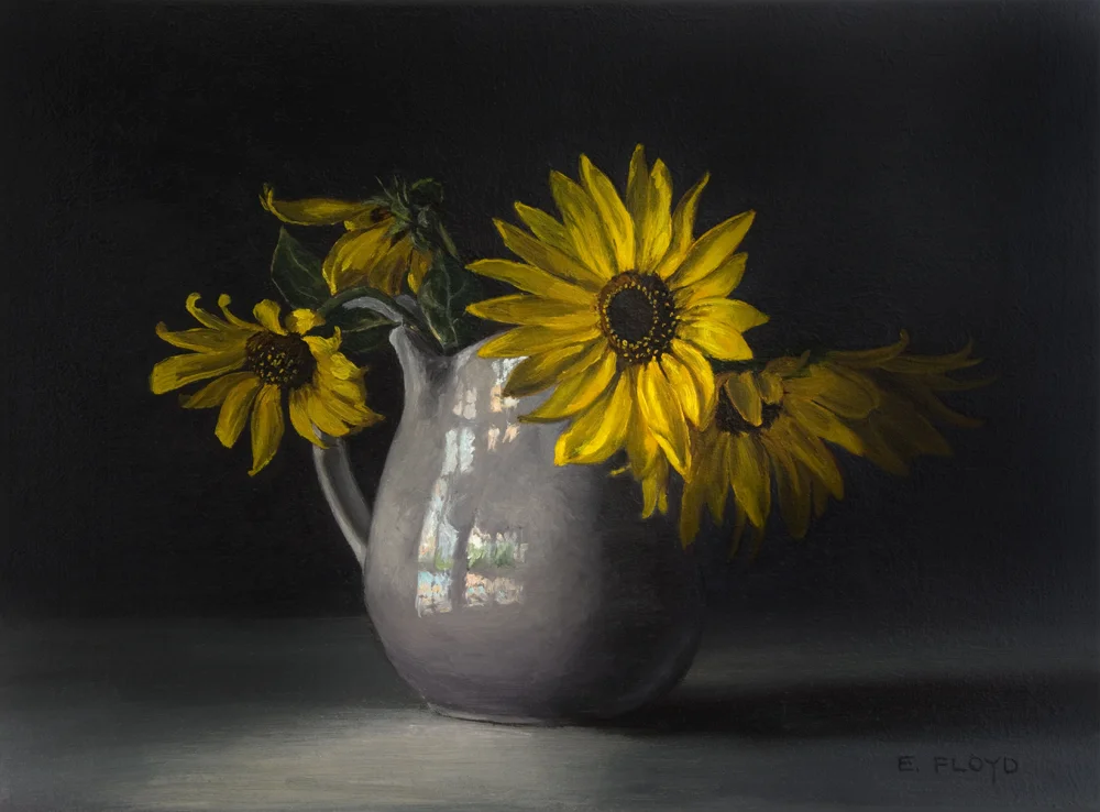 Sunflowers in a Stoneware Pitcher, 12 x 16 inches