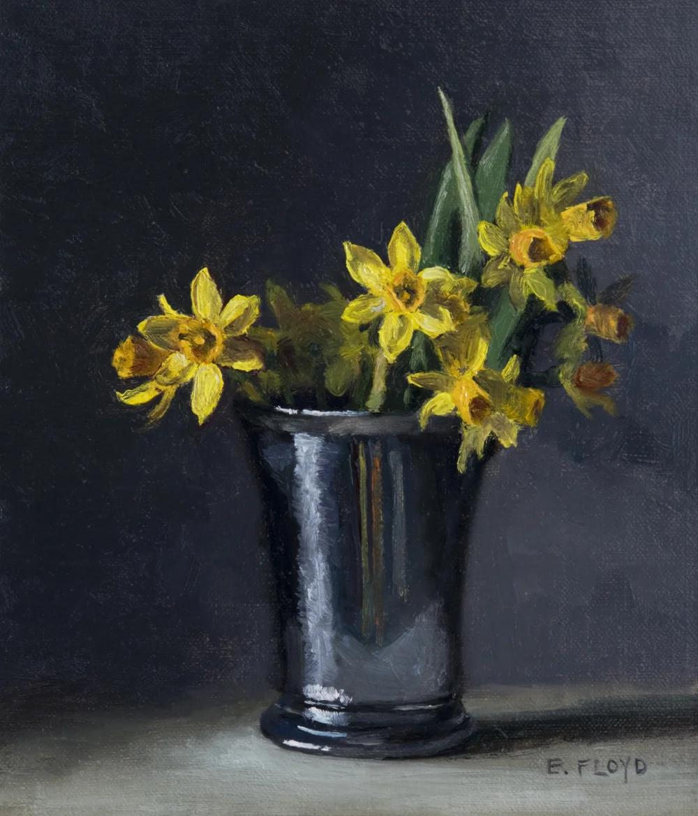 Delightful Daffodils in Pewter Cup, 8 x 7 inches