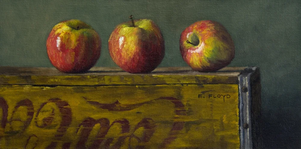 Three Apples on a Coca-Cola Crate, 8 x 16 inches