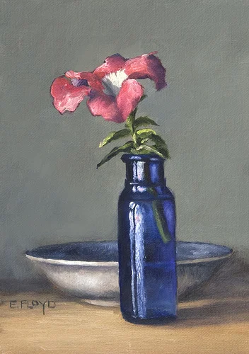 Petunia with Blue Willow Saucer {a small floral painting} SOLD