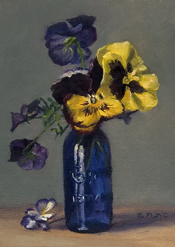 Pansies in a Cobalt Blue Bottle {a new small floral painting}
