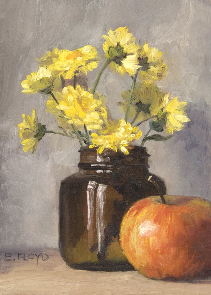Yellow Mums and Apple {a new small painting}
