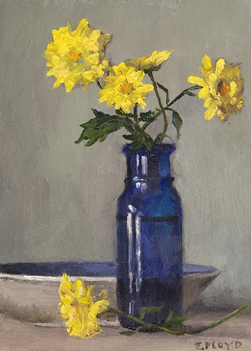 Yellow Mums in a Cobalt Glass Bottle {a new small painting}