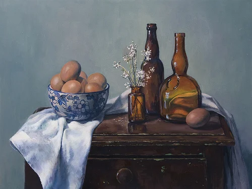 Still Life with Brown Bottles and Eggs {a recent painting}
