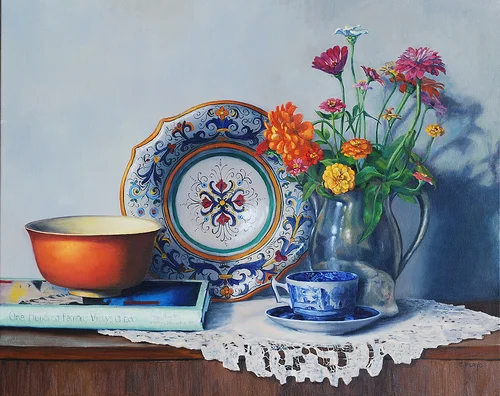 Tea, Prints, and Zinnias {a new still life painting}