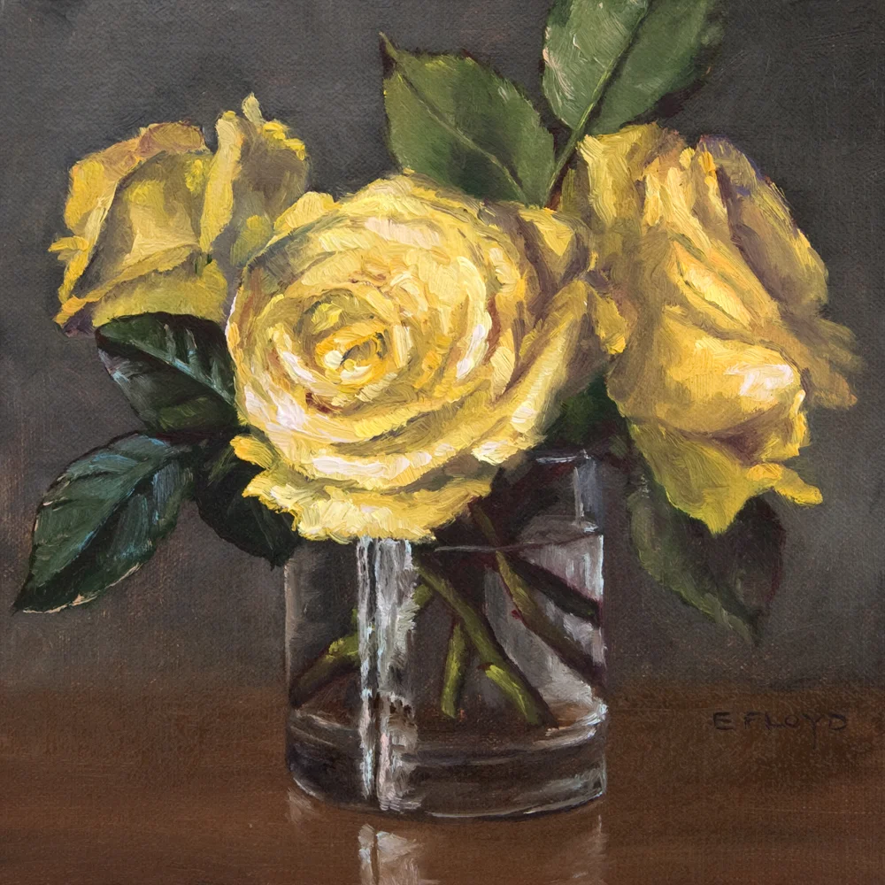 絵画 yellow roses by del gish Three Yellow Roses, 8 x 8 inches — Elizabeth Floyd