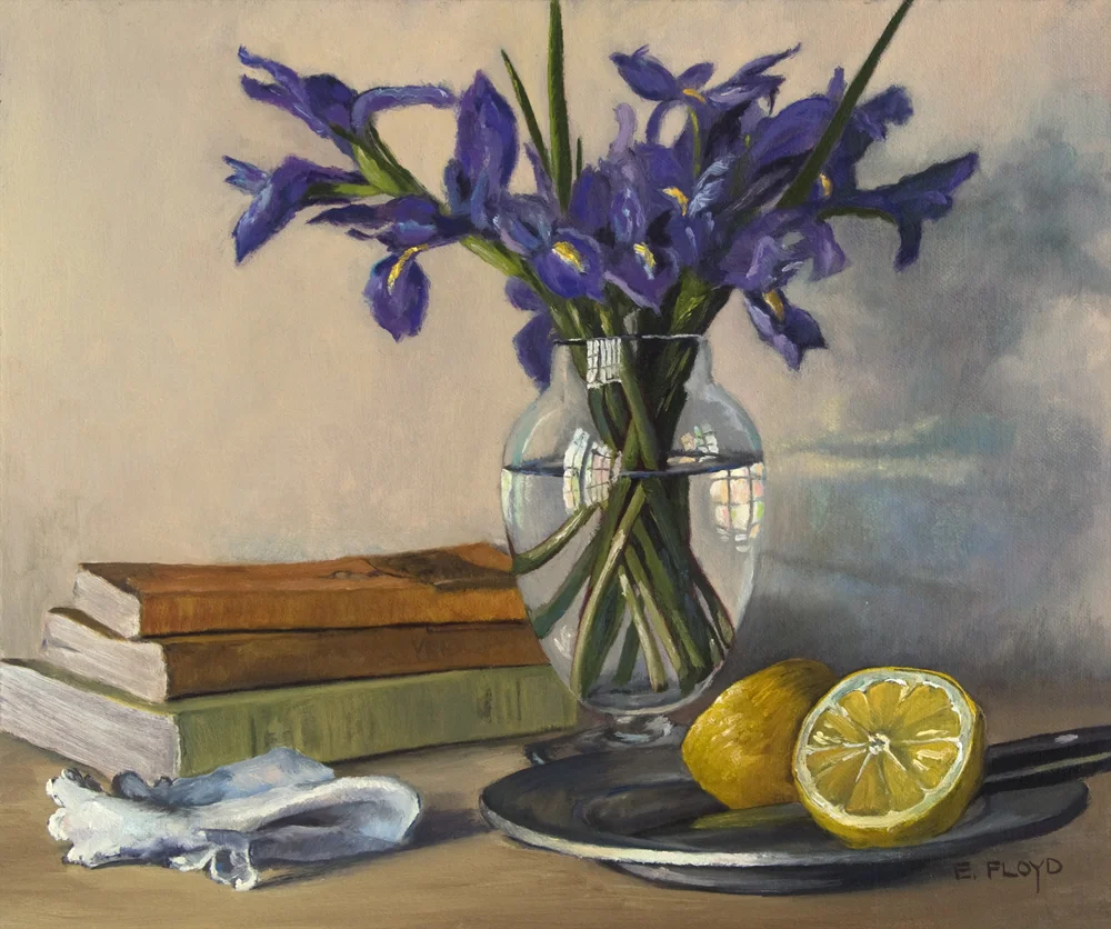 Still Life with a Cut Lemon on a Pewter Plate, Books, and Irises, 10 x 12 inches