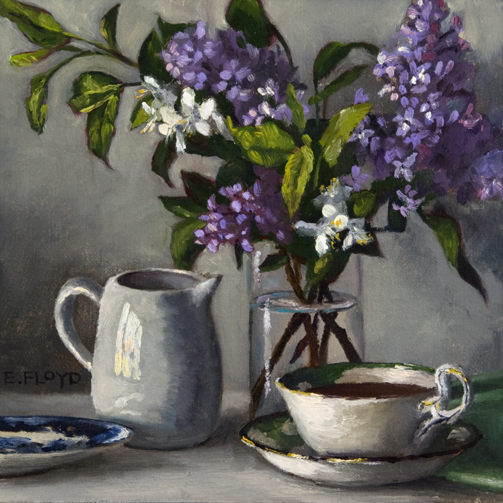 Morning Coffee with Lilacs, 8 x 8 inches