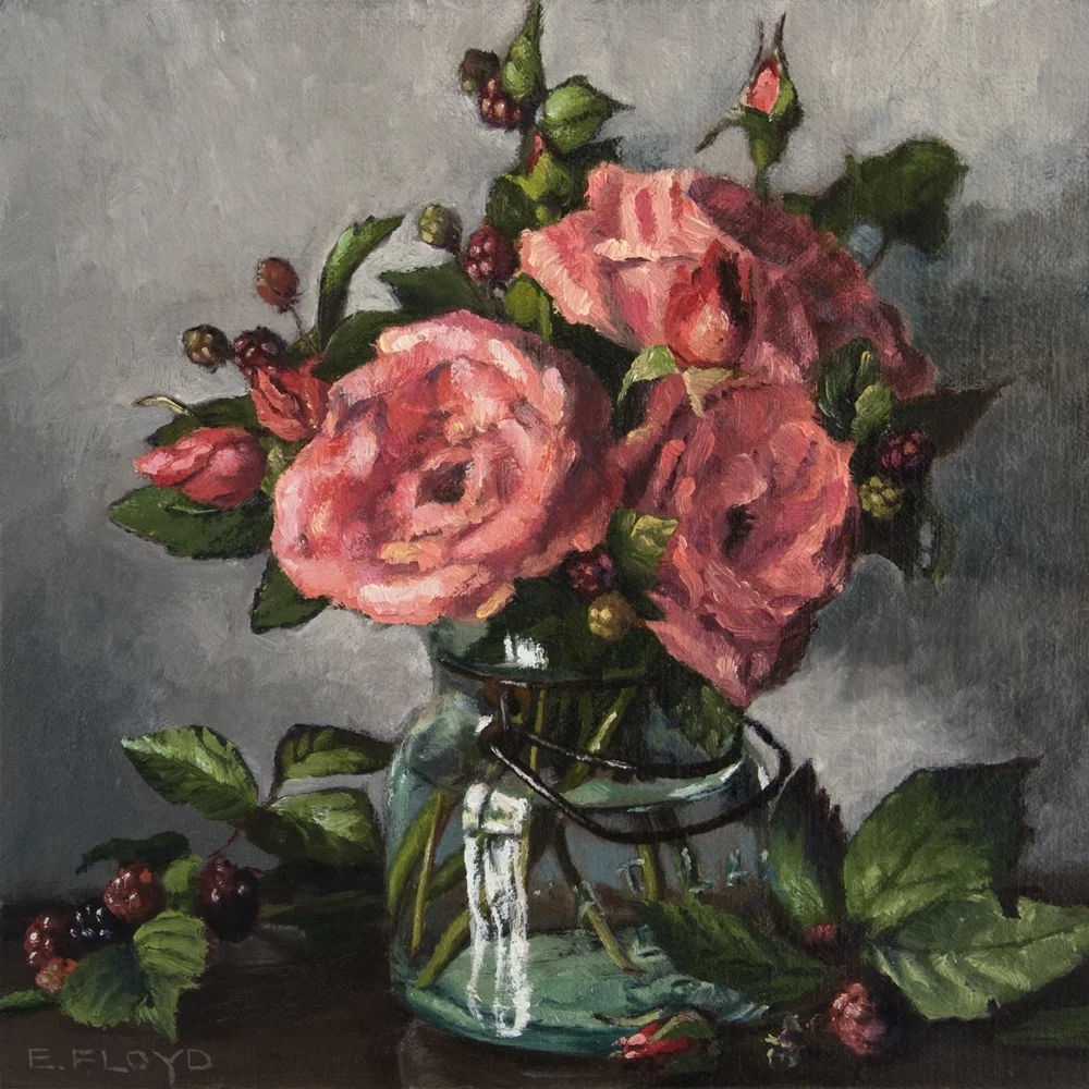Roses and Wild Blackberries, 8 x 8 inches