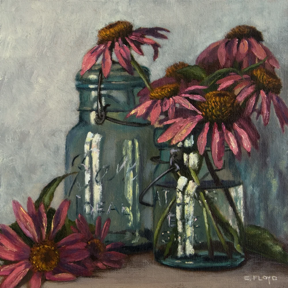 Echinacea in Canning Jars, 8 x 8 inches