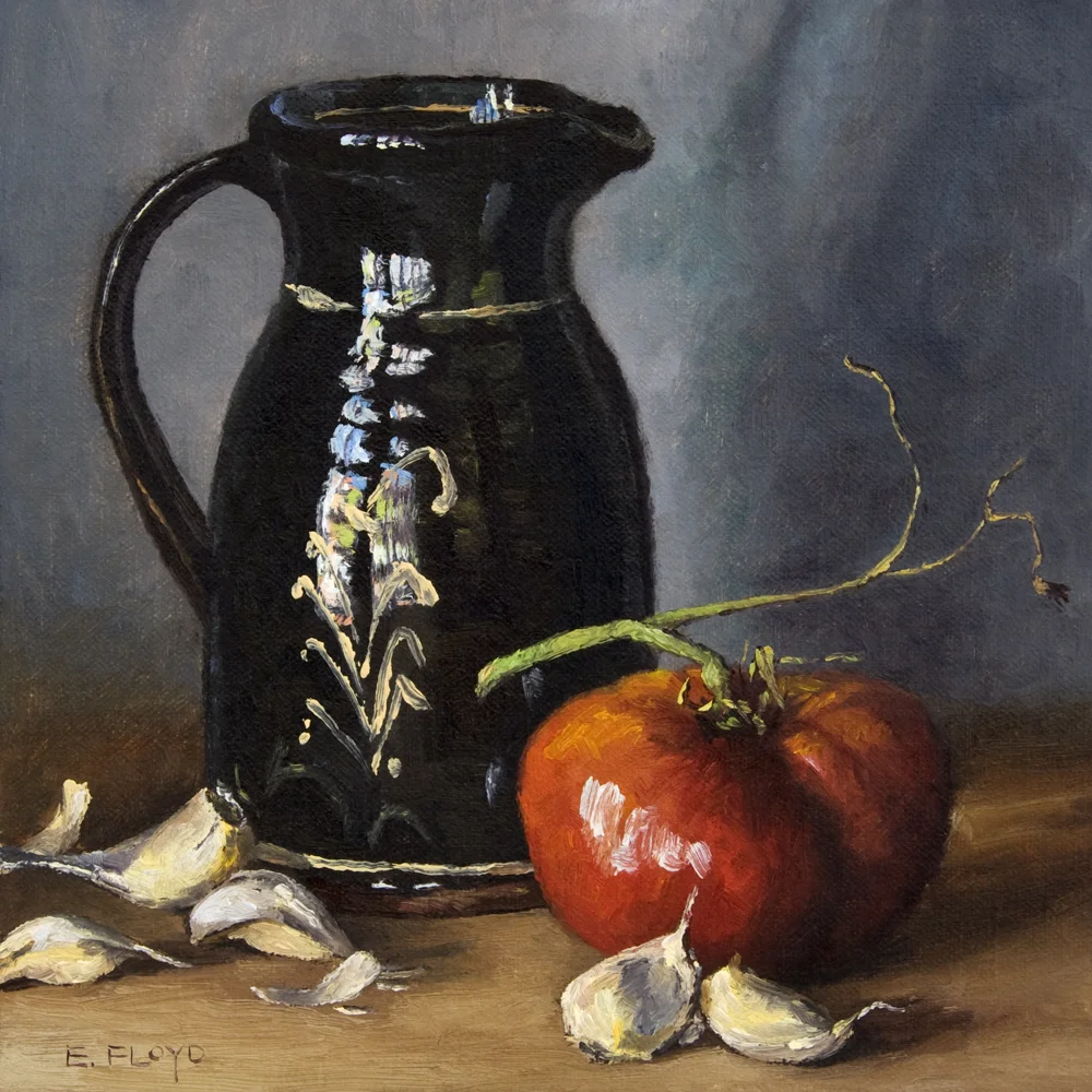 Still Life with Garlic, Tomato, and Redware Pitcher, 8 x 8 inches