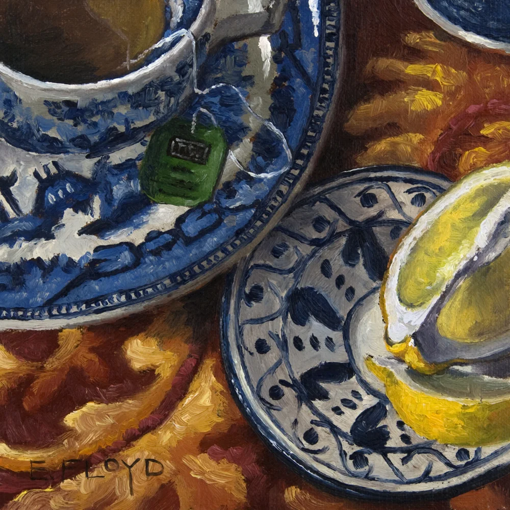 Tea and Blue Willow, 6 x 6 inches