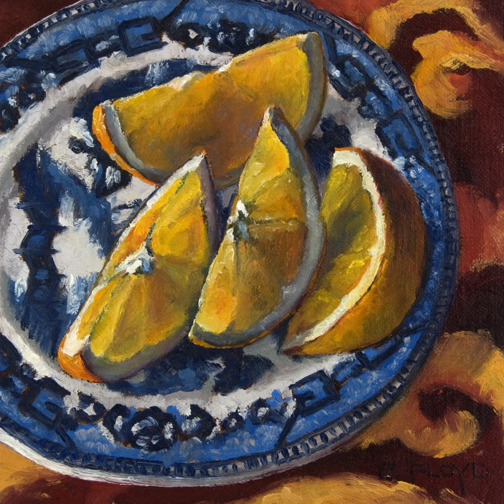 Orange Slices and Blue Willow, 6 x 6 inches