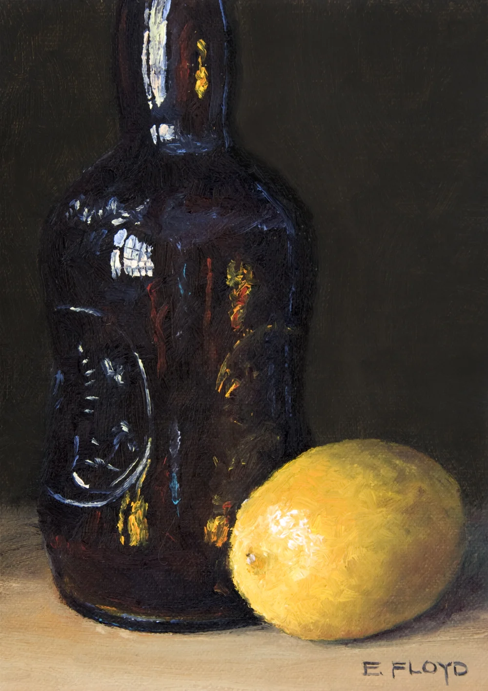 Still Life with Lemon and Brown Bottle, 8 x 6 inches