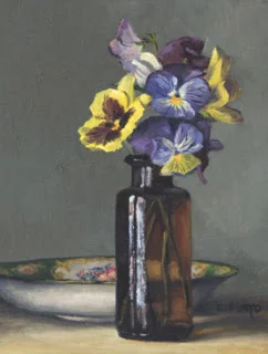 Pansies and Saucer again {a new small floral painting}