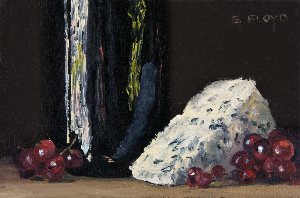 Still Life with Currants, Bleu Cheese, and Wine, 4 x 6 inches