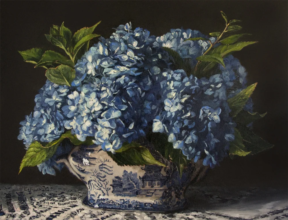 Blue Hydrangeas in Blue Willow, 14 x 18 inches
