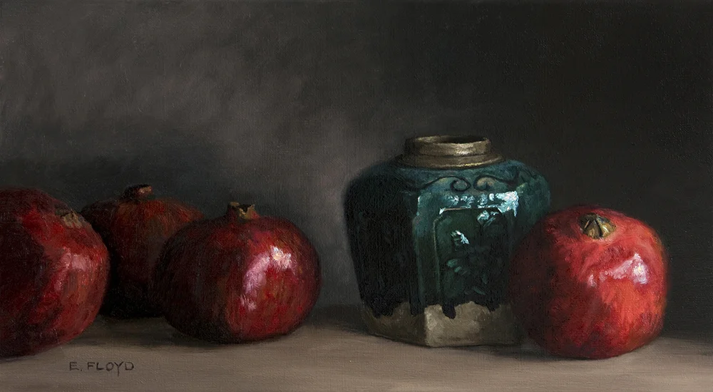 Pomegranates and Ginger Jar, 9 x 16 inches, oil on linen