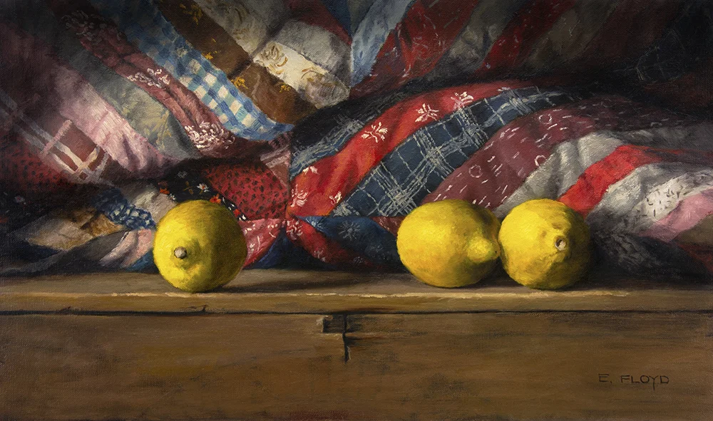 three lemons with vintage quilt on wood box oil painting.jpg