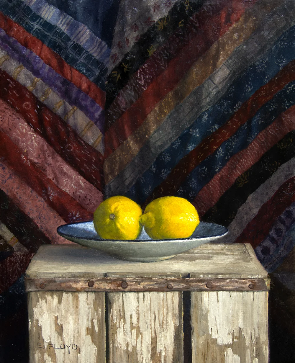 two lemons and vintage quilt oil painting.jpg