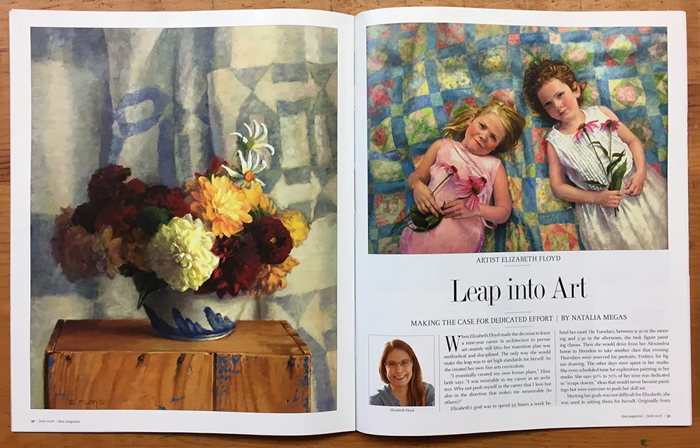 First two pages of the article in Elan Magazine, oil paintings: Dahlias with Salt-Glaze Bowl & Friendship