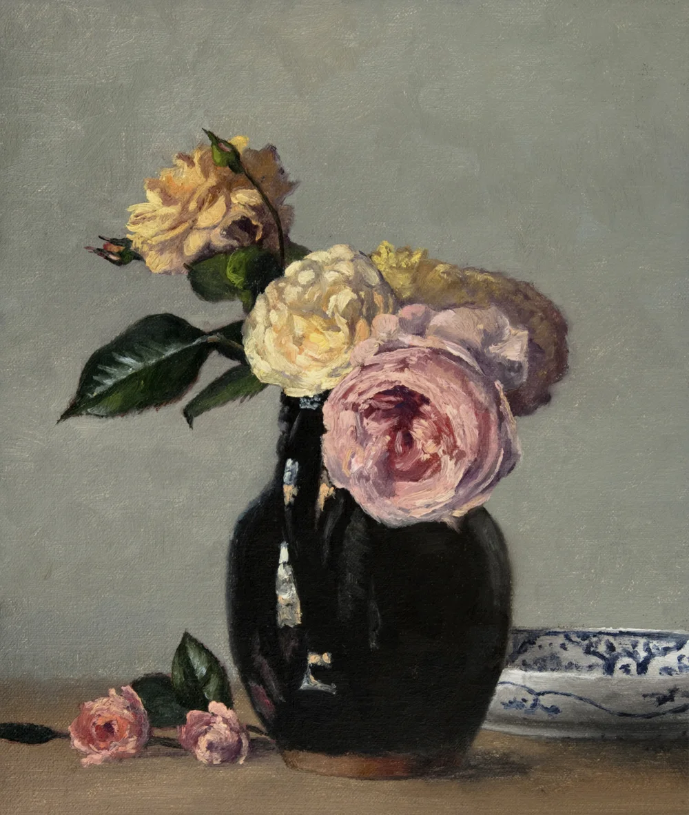 Garden Roses in a Pennsylvanian Redware Pitcher, 12 x 10 inches, oil on linen panel
