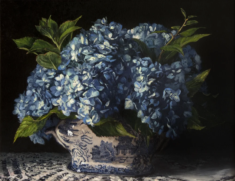 Hydrangeas in Blue Willow, 14 x 18 inches, oil on linen