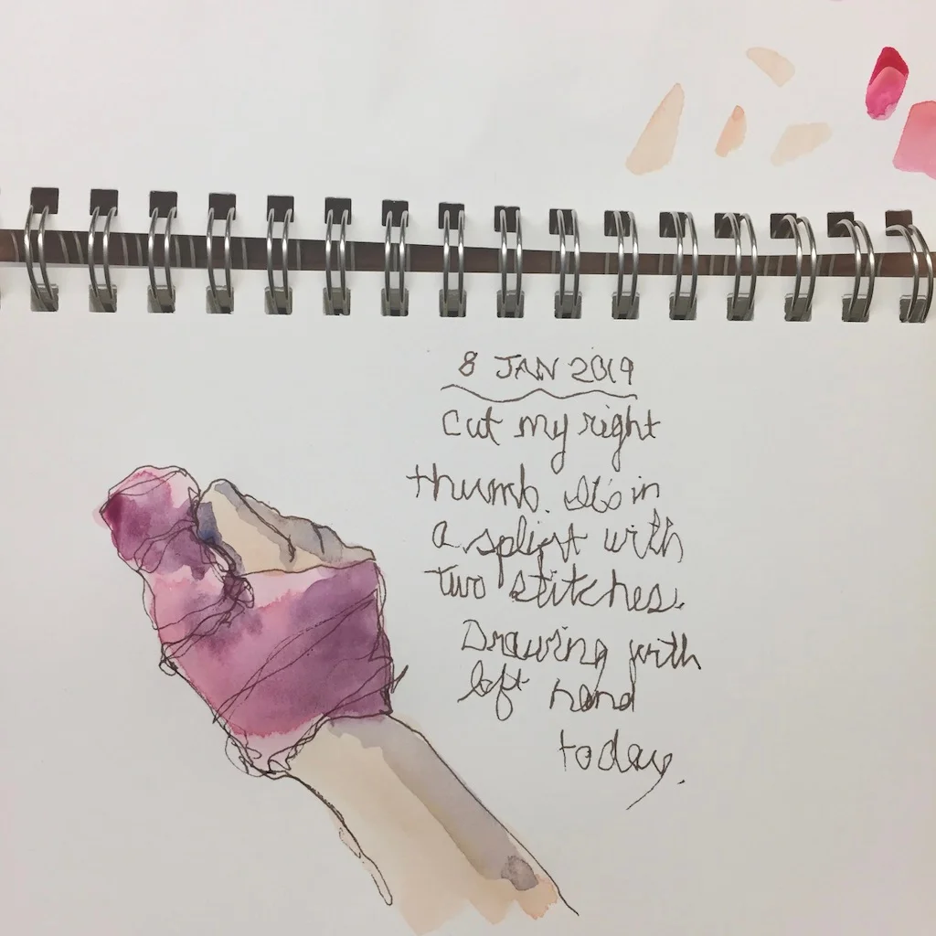 Day 7: A left-handed drawing and watercolor of my right thumb wrapped in a splint to protect the injury.