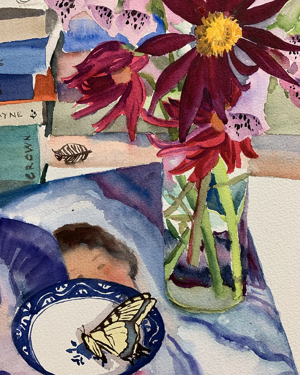 Butterfly, Flowers and What I Have Learned So Far, watercolor on paper, 15 x 11 inches, framed watercolor painting