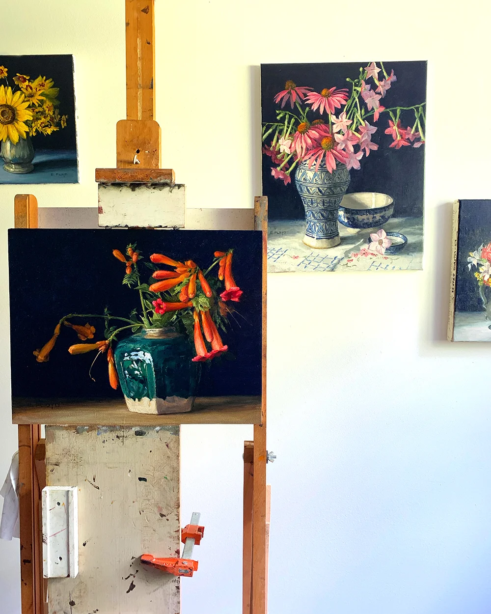 Work-in-progress scene of my studio in anticipation of the “From Garden to Vase” oil painting collection release