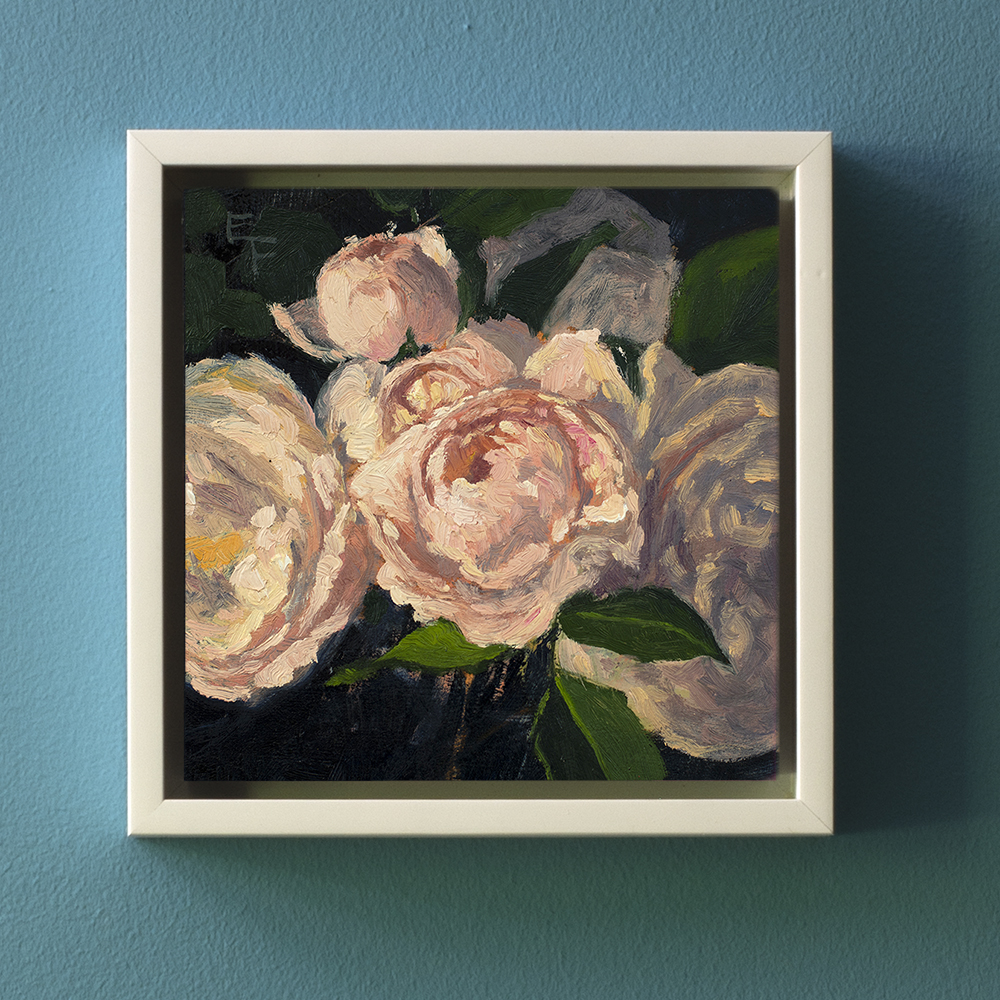 CROCUS ROSES, OIL ON CRADLED PANEL, 6 X 6 INCHES, UNFRAMED OIL PAINTING