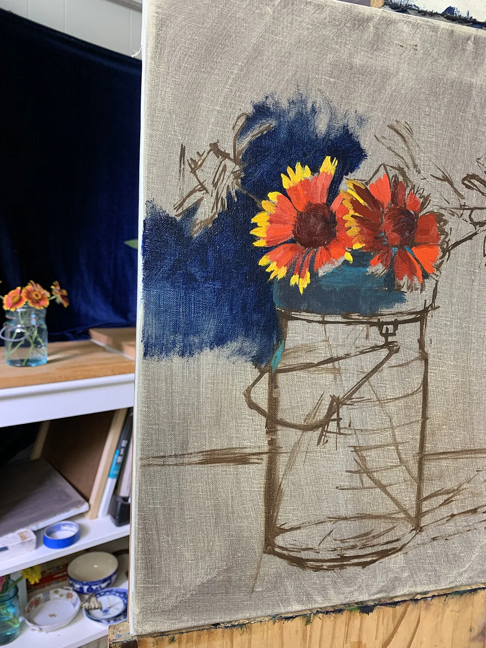 Day 241, August 27, 2019: Began this painting of Indian Blanket Flowers. Love the bright flowers in front of the deep blue background. ( Available )