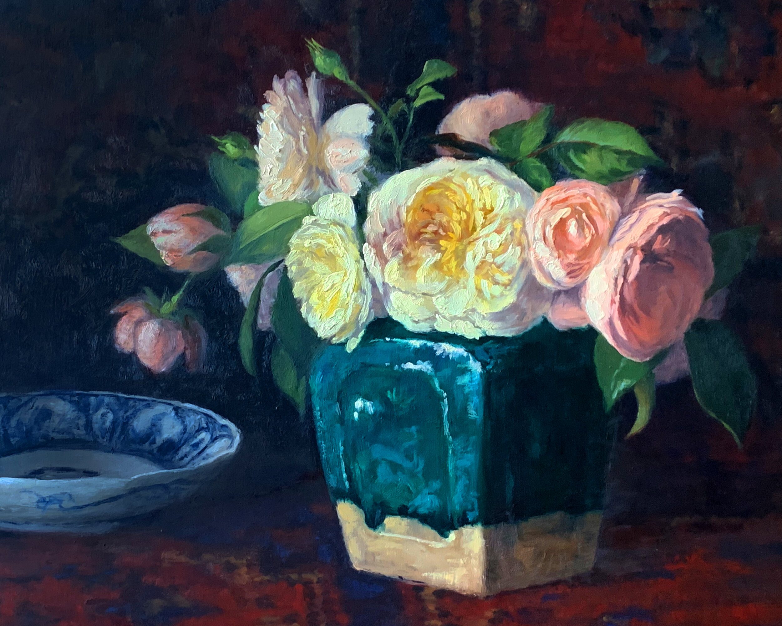 Garden Roses in a Ginger Jar, 12x14 inches oil on panel