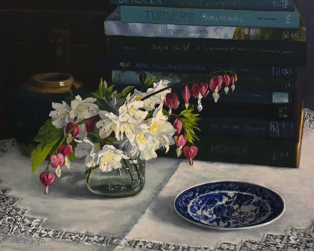 Reading Stack with Azaleas and Bleeding Hearts, 16 x 20 inches, Oil on Panel