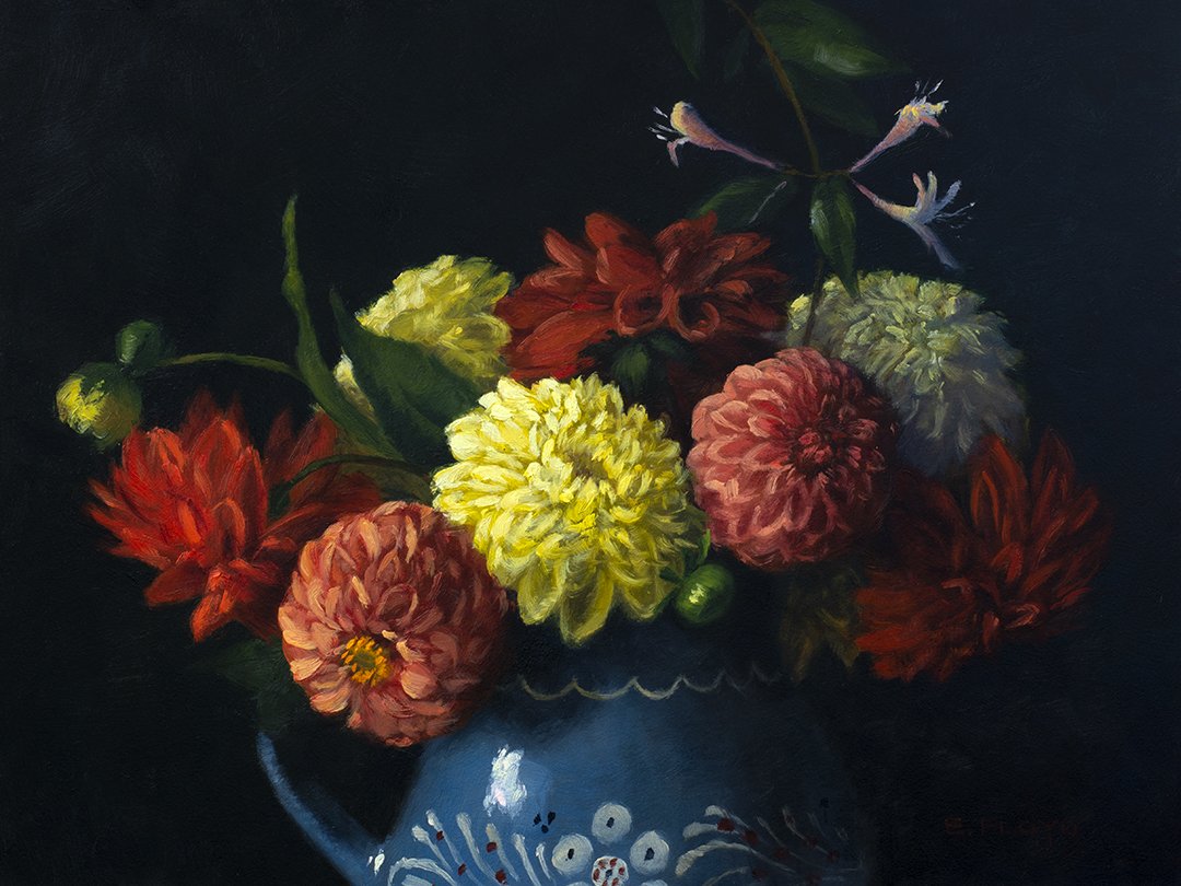 Dahlias in Blue Pitcher, 12 x 16 inches, Oil on Panel