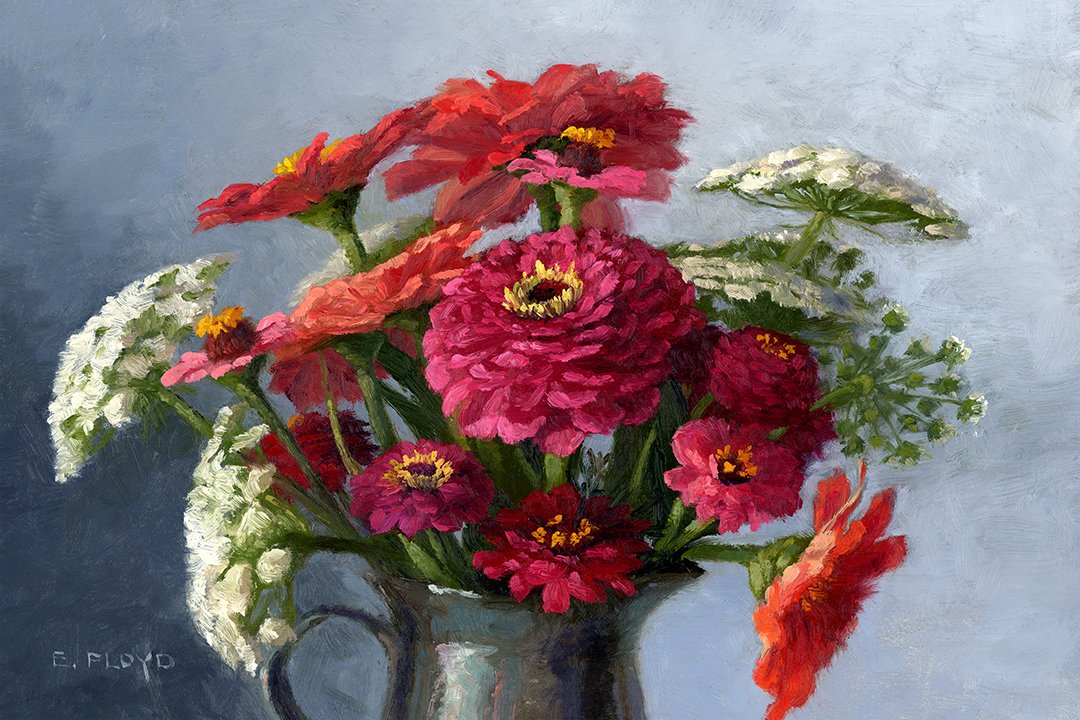 Zinnias and Queen Anne's Lace, 8 x 12 inches, Oil on Panel 