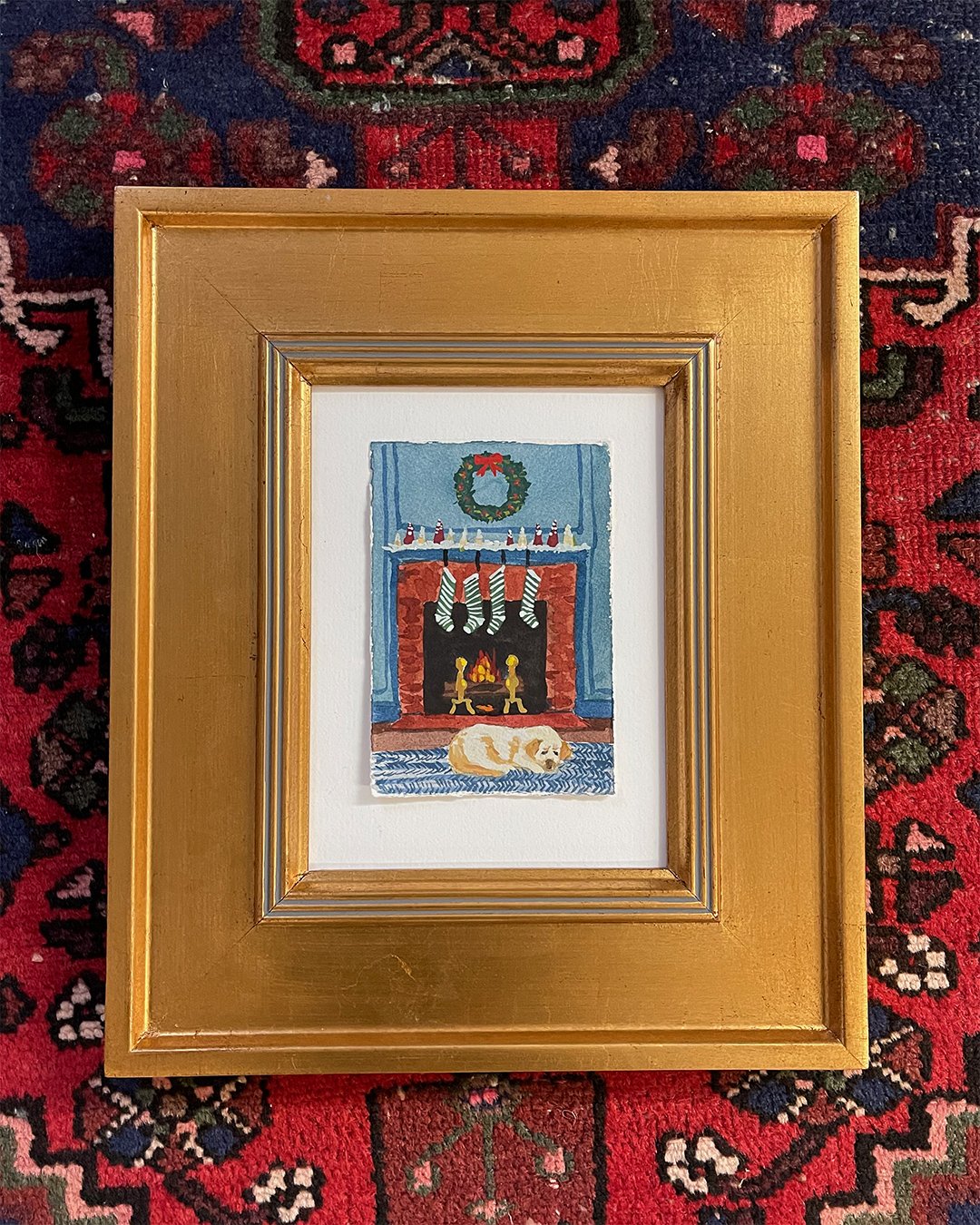 Christmas scene with Fireplace and Dog,  4 x 5.5 inches 