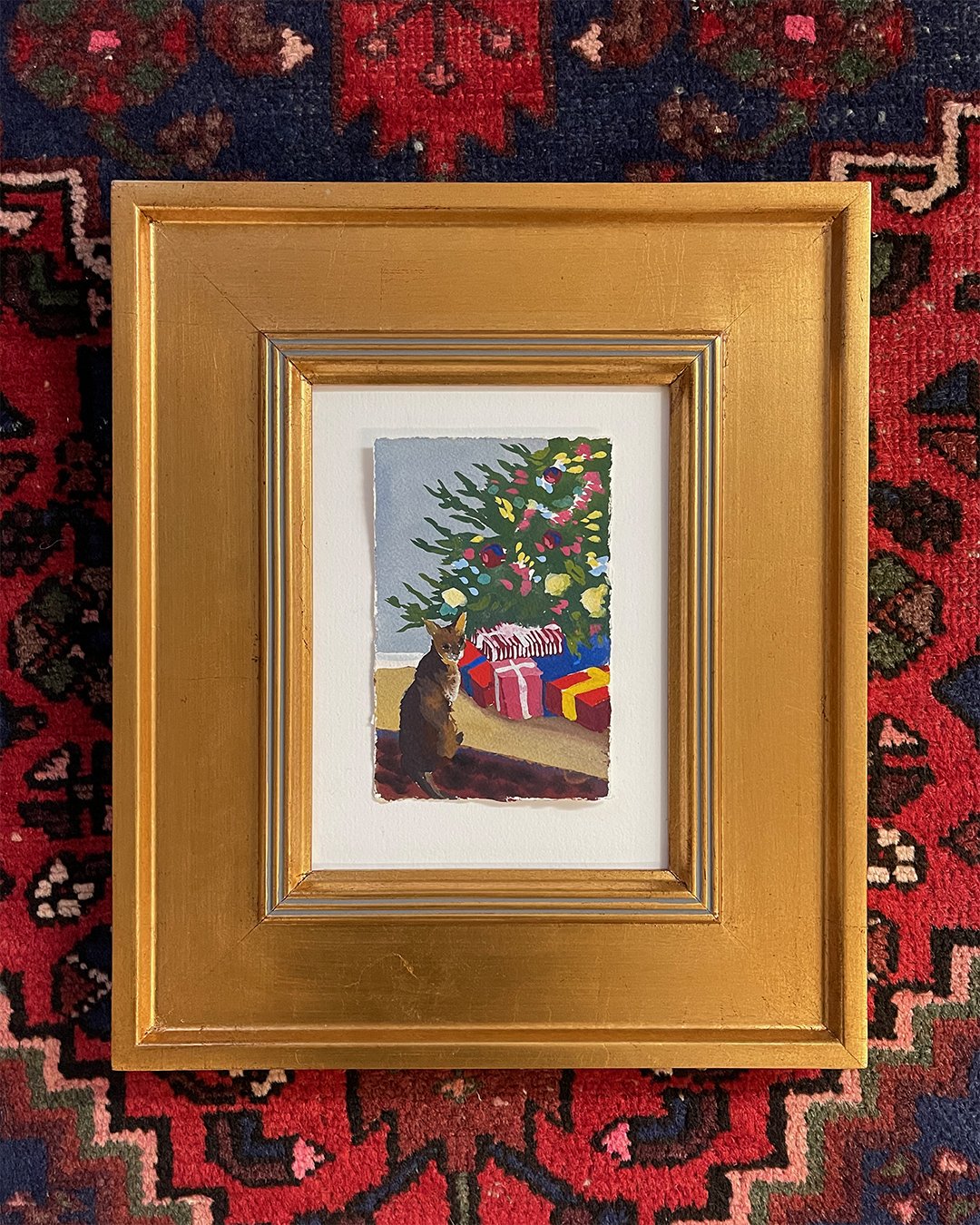 Christmas scene with Cat with Tree,  4 x 5.5 inches 