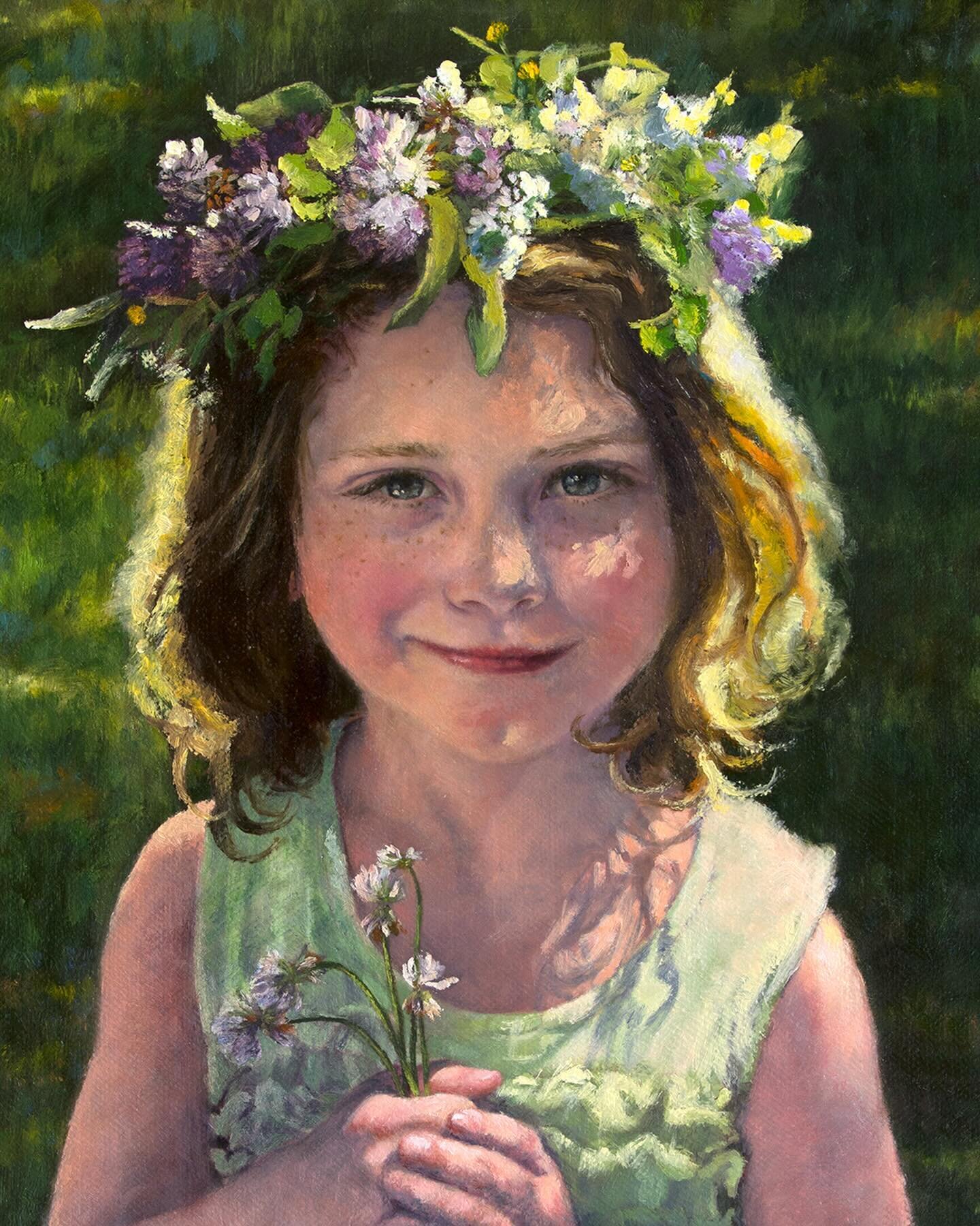 Happy St Patrick&rsquo;s Day!  I thought this painting from 7 years ago would be fitting, my woodland sprite is wearing a flower crown made up of three different types of clover we found in our yard that summer.  There are the big red/purple clover f