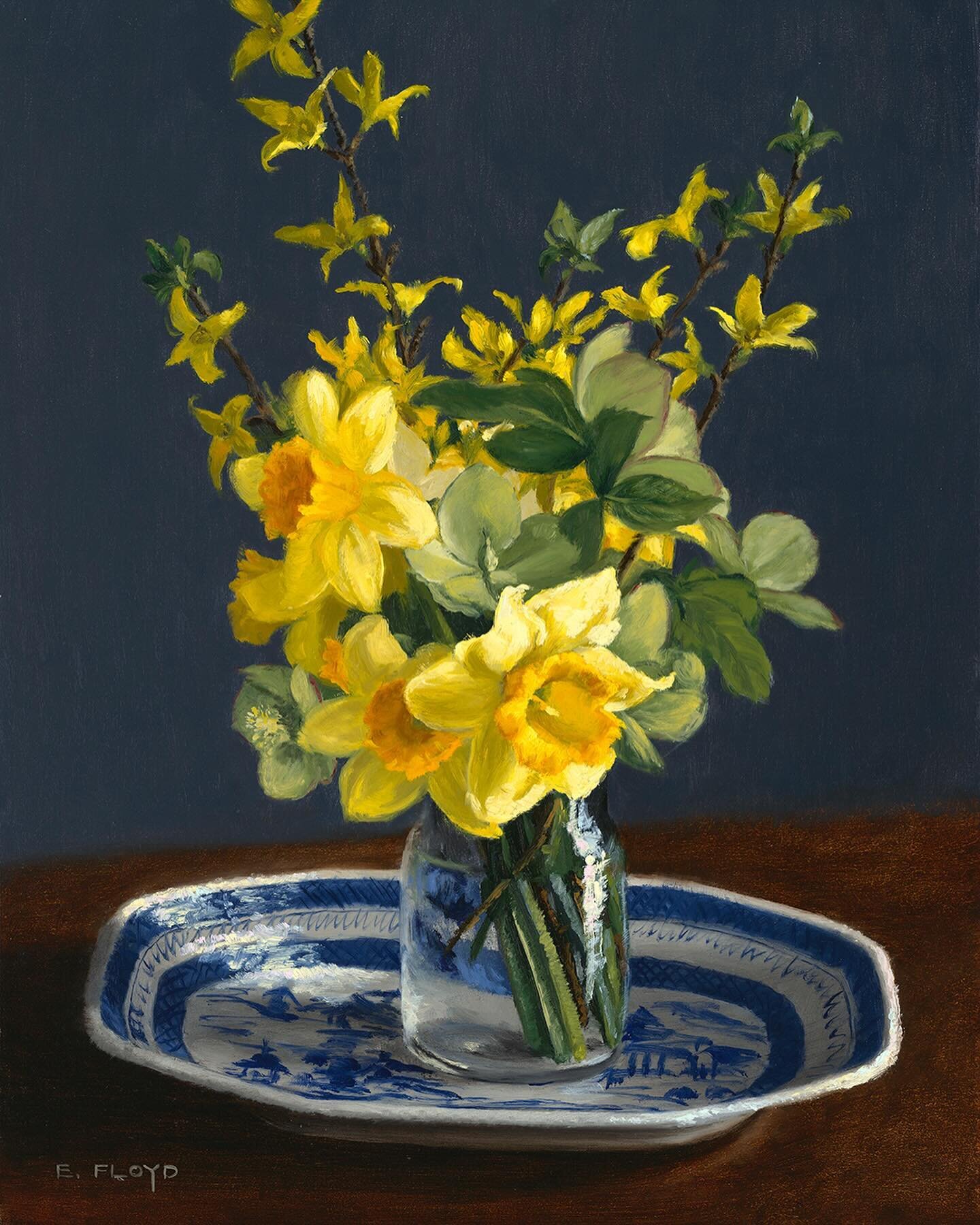 HAPPY SPRING!  It&rsquo;s the Spring equinox today, the astronomical start of Spring 💛 Daffodils, forsythia, and hellebore are all blooming! ⁠scroll to see the details. Love them 😍
⁠
This painting that will be on exhibit in May for my Memories in B