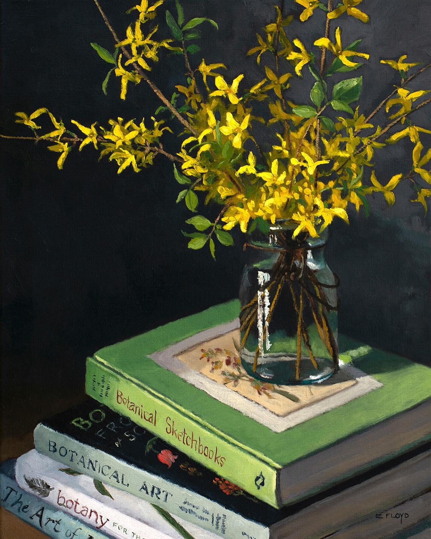 The forsythia is blooming again!  So pleased that spring has sprung around my yard.  We are scheduled to get a nice rain later today, so I will be bringing in sunshine in the form of flowers today!⁠
⁠
Forsythia and Garden Books, oil on linen, 20x16 i