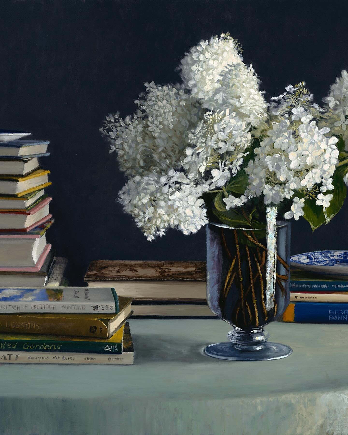 This painting is one of the ones that sums up MEMORIES in BLOOM for me. The quiet light of a weekend afternoon raking across a bouquet of hydrangeas, maybe spent with a good book, an intimate moment with oneself and celebrating beauty.⁠
⁠
&ldquo;Summ