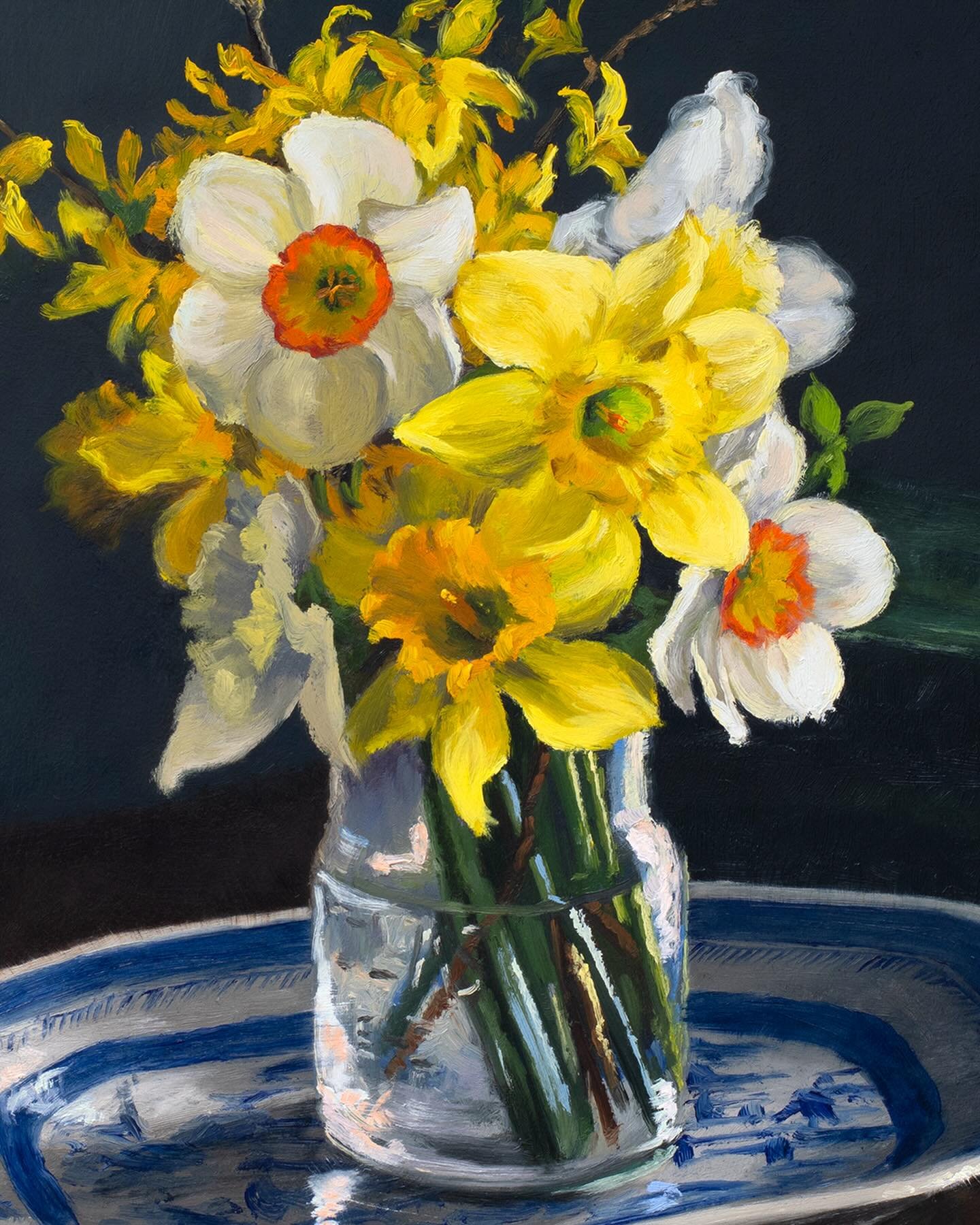 Spring is Here!  Love this painting, the four varieties of daffodils (February Gold, Ice Follies, and Narcissus Ringtone) with the forsythia 😍. ⁠
⁠
I love how the light rakes across the scene, creating highlights in the Atlas canning jar and the Blu