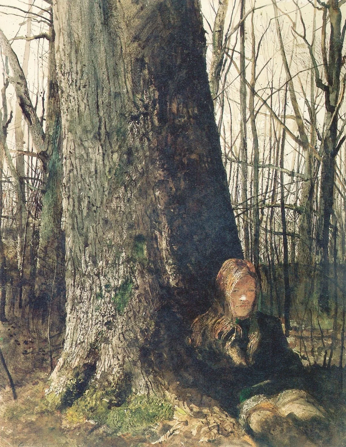 Andrew Wyeth  (1917-2009)  Seated by a Tree , 1973 Drybrush watercolor on paper 27 7/8 x 21 1/2 inches Signed at lower left:  Andrew Wyeth