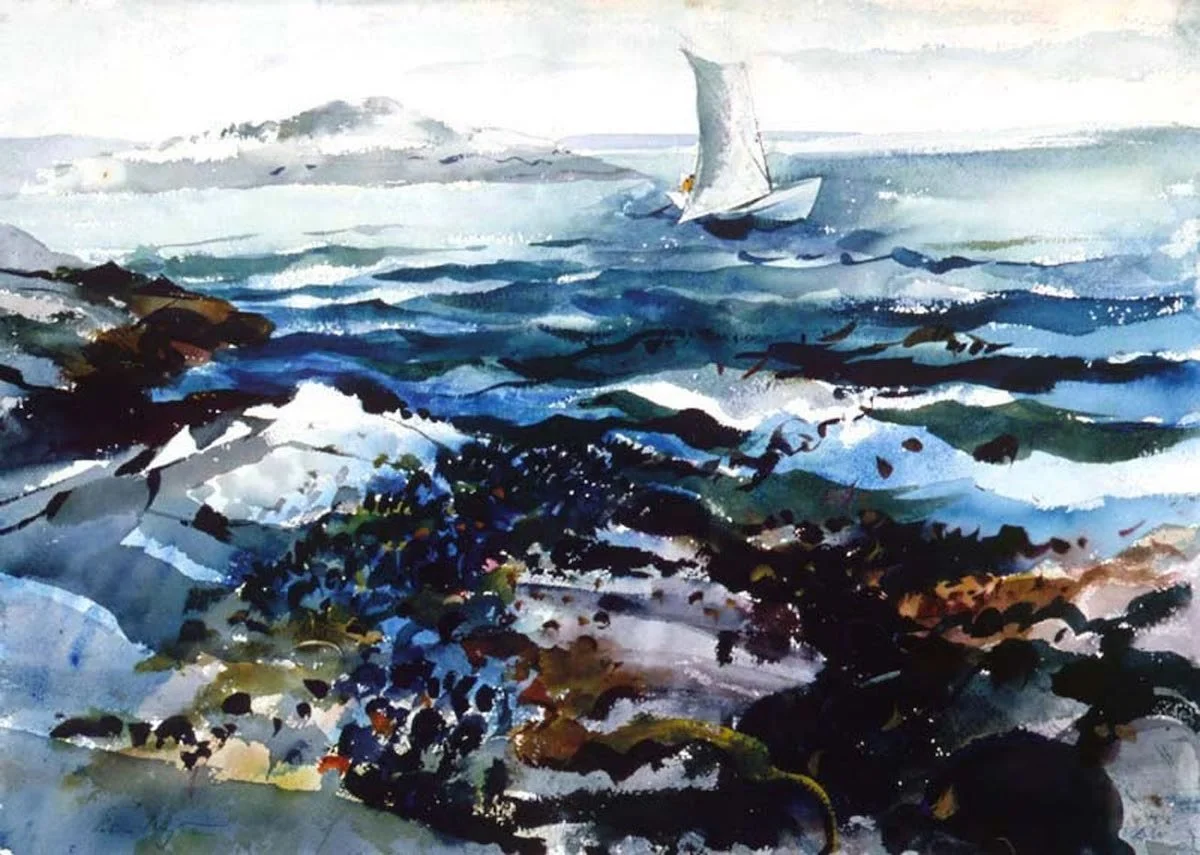 Andrew Wyeth  (1917-2009)  Untitled (#m0756) , 1939 Watercolor on paper 15 x 21 inches Signed lower left and lower right:  Andrew Wyeth