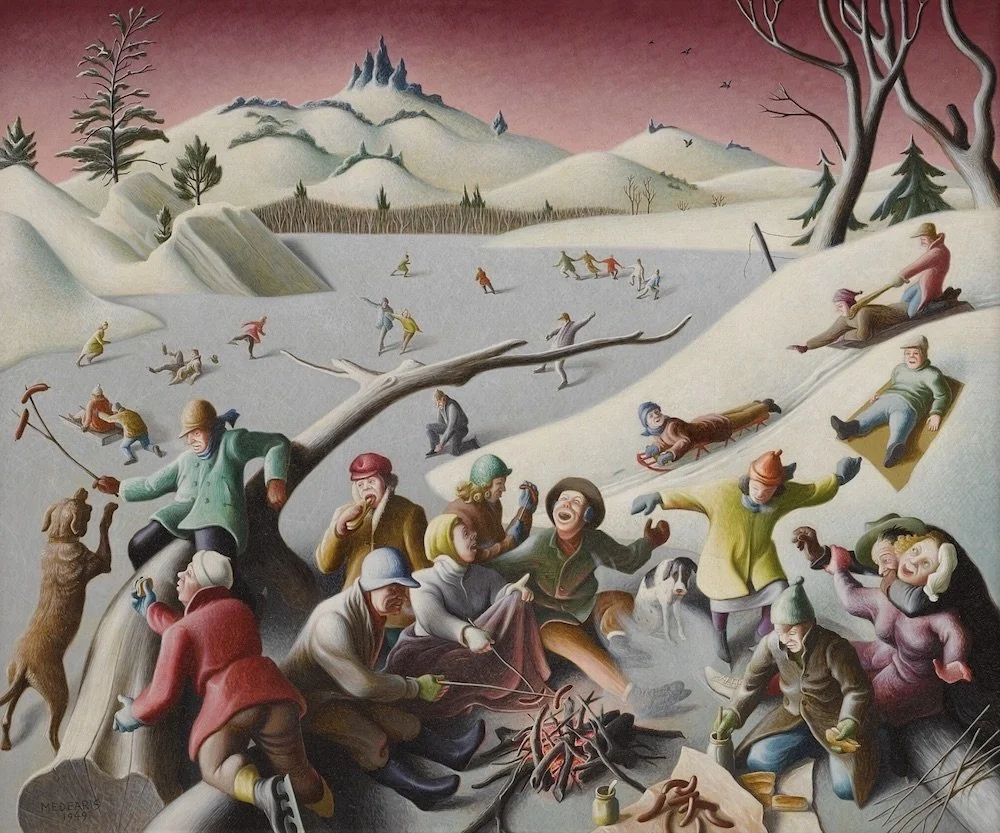   Roger Medearis  (1920-2001)  Skating Party, 1949  Tempera on board 20 x 24 inches Signed and dated lower left:&nbsp; Medearis&nbsp;1949 ; signed,&nbsp;titled and dated on the reverse 