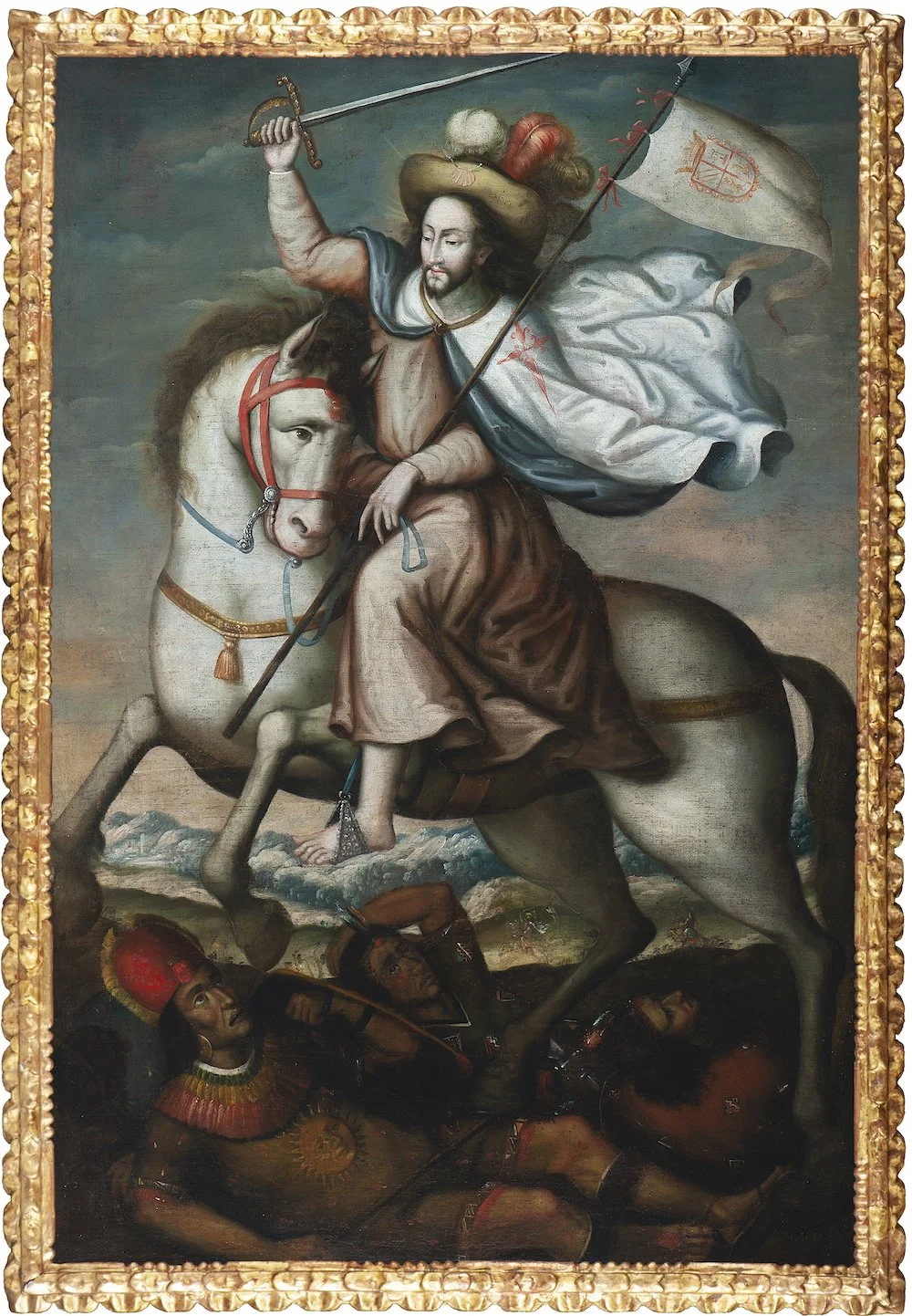   Peruvian, Cuzco School, 18th Century   The Vision of Saint James Triumphing Over the Inca  “Santiago Mataindios”  Oil on canvas 65 x 43 ⅞ inches 
