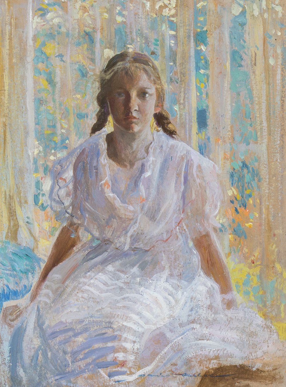   Daniel Garber  (1880-1958)  Tanis in White , 1923 Oil on prepared board 13 X 9 3/4 inches Signed at lower right:  Daniel Garber  Inscribed on reverse (in ink):  Tanis in White/Daniel Garber/Sketch  